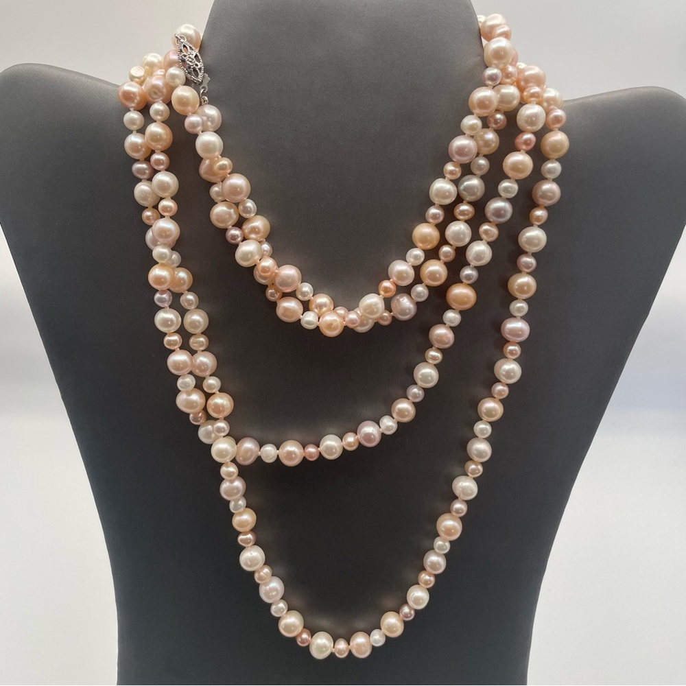 925 Silver and Knotted Single Strand Multicolored Pearl Necklace